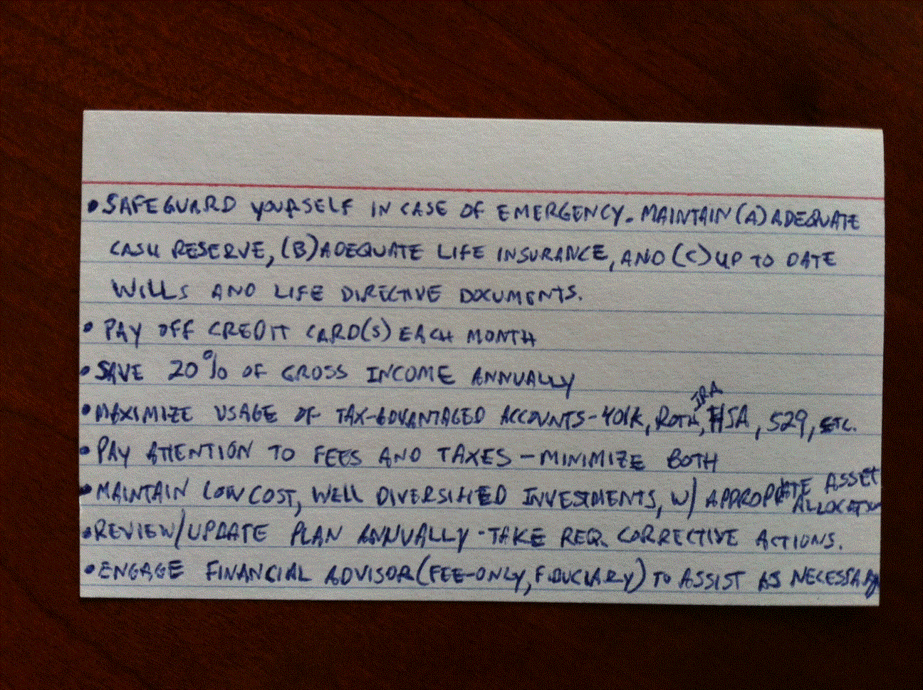 Financial Advice - Index Card Financial advice